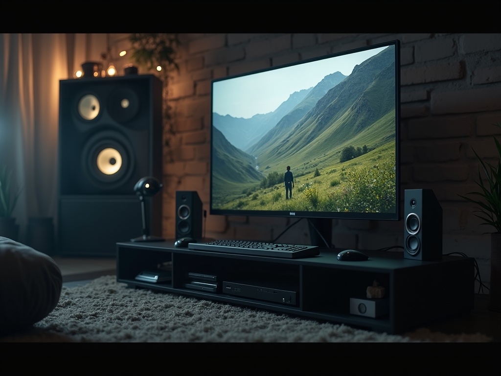 Nowoczesny salon z dużym monitorem wyświetlającym krajobraz górski, dwoma głośnikami stereo, klawiaturą i myszką na czarnej szafce RTV, a także dużym głośnikiem podłogowym w tle.