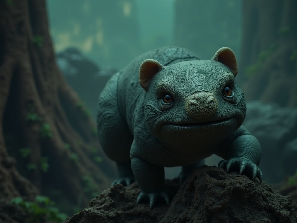 Małe, zielone stworzenie z dużymi oczami i łuskami, siedzące na kamieniu w lesie.
