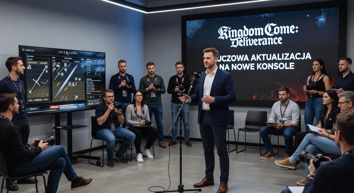 Mężczyzna w garniturze przemawia do grupy ludzi z aparatami fotograficznymi przed ekranem z logo 