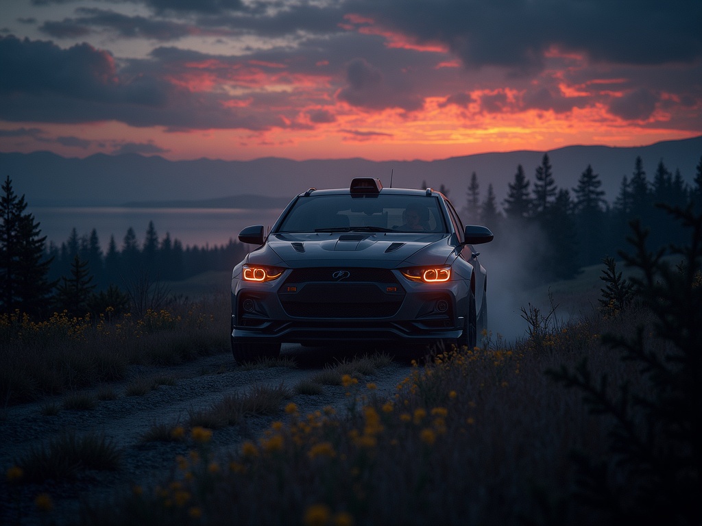 Ciemnoszary samochód rajdowy z włączonymi pomarańczowymi światłami mijania jedzie po polnej drodze o zmierzchu, z lasem i górami w tle oraz zachodzącym słońcem malującym niebo na pomarańczowo i czerwono.