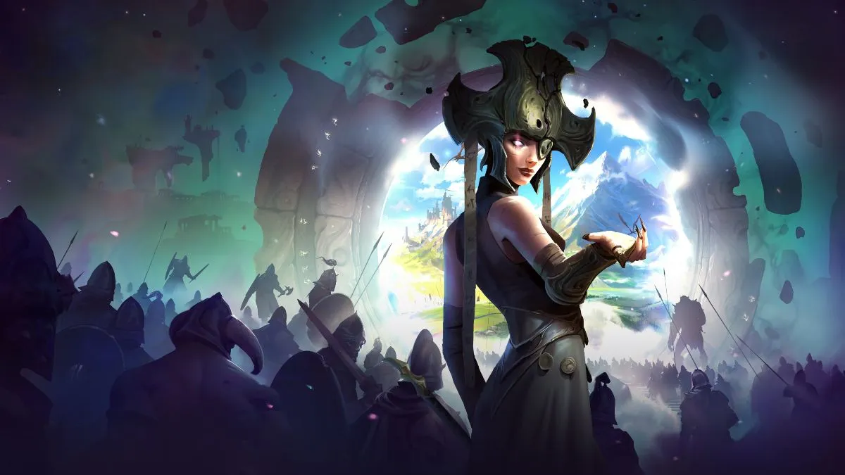 Mroczna postać w hełmie z uniesioną dłonią, stojąca przed portalem do jasnego świata, otoczona przez armię wojowników w zbrojach.