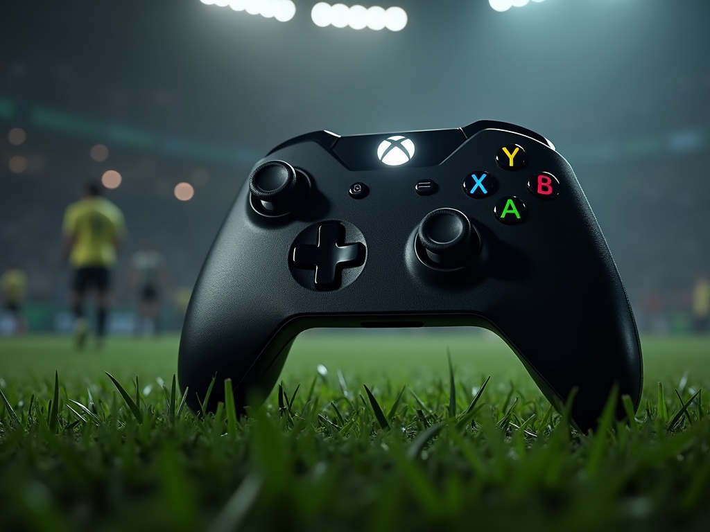 Czarny kontroler Xbox leżący na trawie boiska piłkarskiego, z rozmytymi postaciami graczy i światłami stadionu w tle.