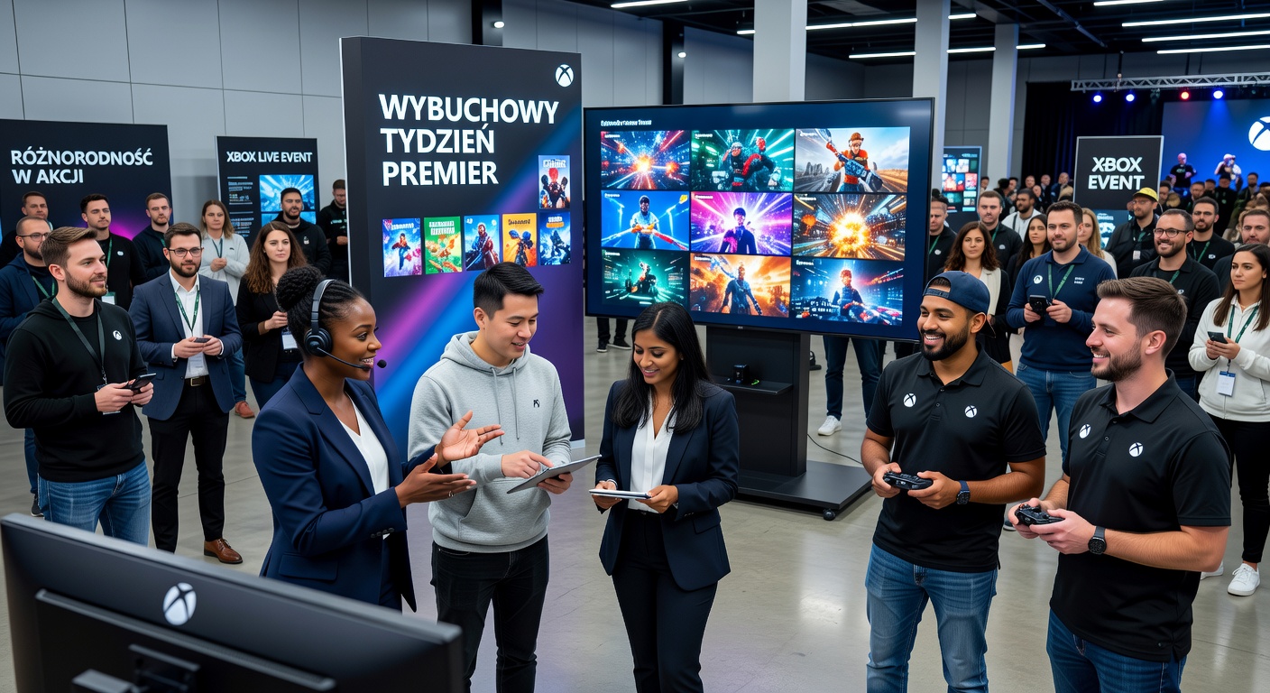 Grupa ludzi na wydarzeniu Xbox, z których część stoi przed dużym ekranem wyświetlającym zwiastuny gier, a inni trzymają kontrolery Xbox i rozmawiają.