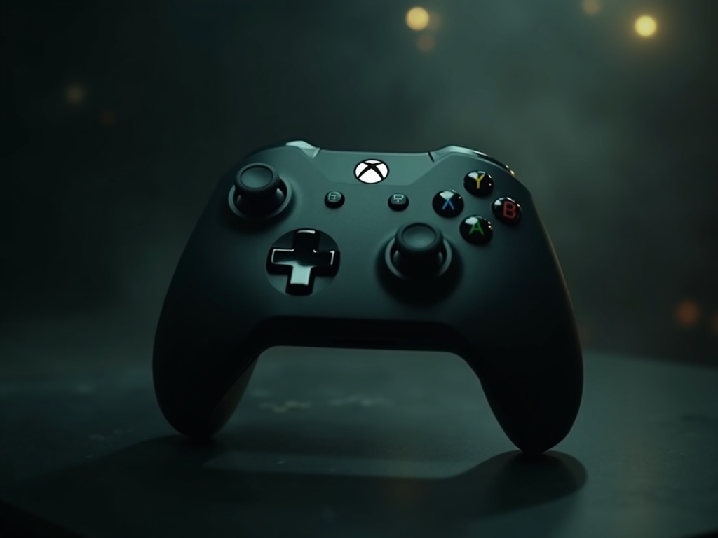 Czarny kontroler Xbox z podświetlonym logo Xbox na ciemnym tle z rozmazanymi światłami w tle.